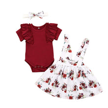 Load image into Gallery viewer, Newborn Girl Short Sleeve Romper Top + Strap Dress + Headband