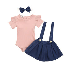 Load image into Gallery viewer, Newborn Girl Short Sleeve Romper Top + Strap Dress + Headband