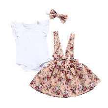 Load image into Gallery viewer, Newborn Girl Short Sleeve Romper Top + Strap Dress + Headband