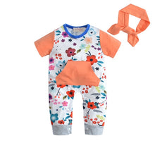 Load image into Gallery viewer, Newborn Girl Short Sleeve Romper Top + Strap Dress + Headband
