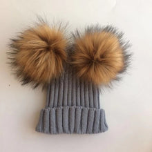 Load image into Gallery viewer, Fur Beanie with 2 Two Double Pom Poms
