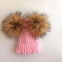 Load image into Gallery viewer, Fur Beanie with 2 Two Double Pom Poms
