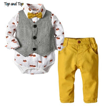 Load image into Gallery viewer, Baby Boys Gentleman Bow Tie Rompers + Vest + Pants Baby Set
