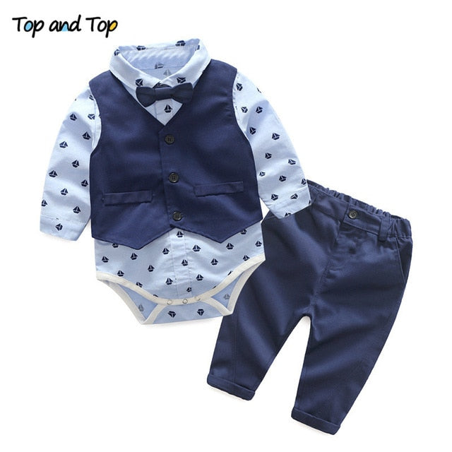 Baby Boys Gentleman Bow Tie Rompers + Vest + Pants Baby Set