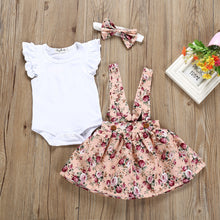 Load image into Gallery viewer, Newborn Girl Short Sleeve Romper Top + Strap Dress + Headband
