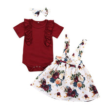 Load image into Gallery viewer, Newborn Girl Short Sleeve Romper Top + Strap Dress + Headband
