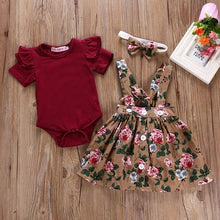 Load image into Gallery viewer, Newborn Girl Short Sleeve Romper Top + Strap Dress + Headband
